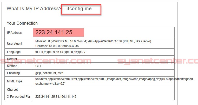 ตรวจสอบ Public IP ของ VLAN 20 ผ่านเว็บไซต์ ifconfig.me หลังทำ PBR บน Reyee Gateway