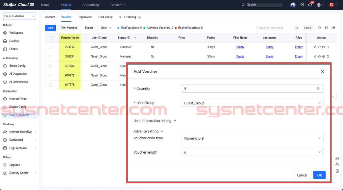สร้าง Voucher Login สำหรับ Reyee Gateway ผ่าน Ruijie Cloud สร้าง Voucher Login สำหรับ Reyee Gateway ผ่าน Ruijie Cloud