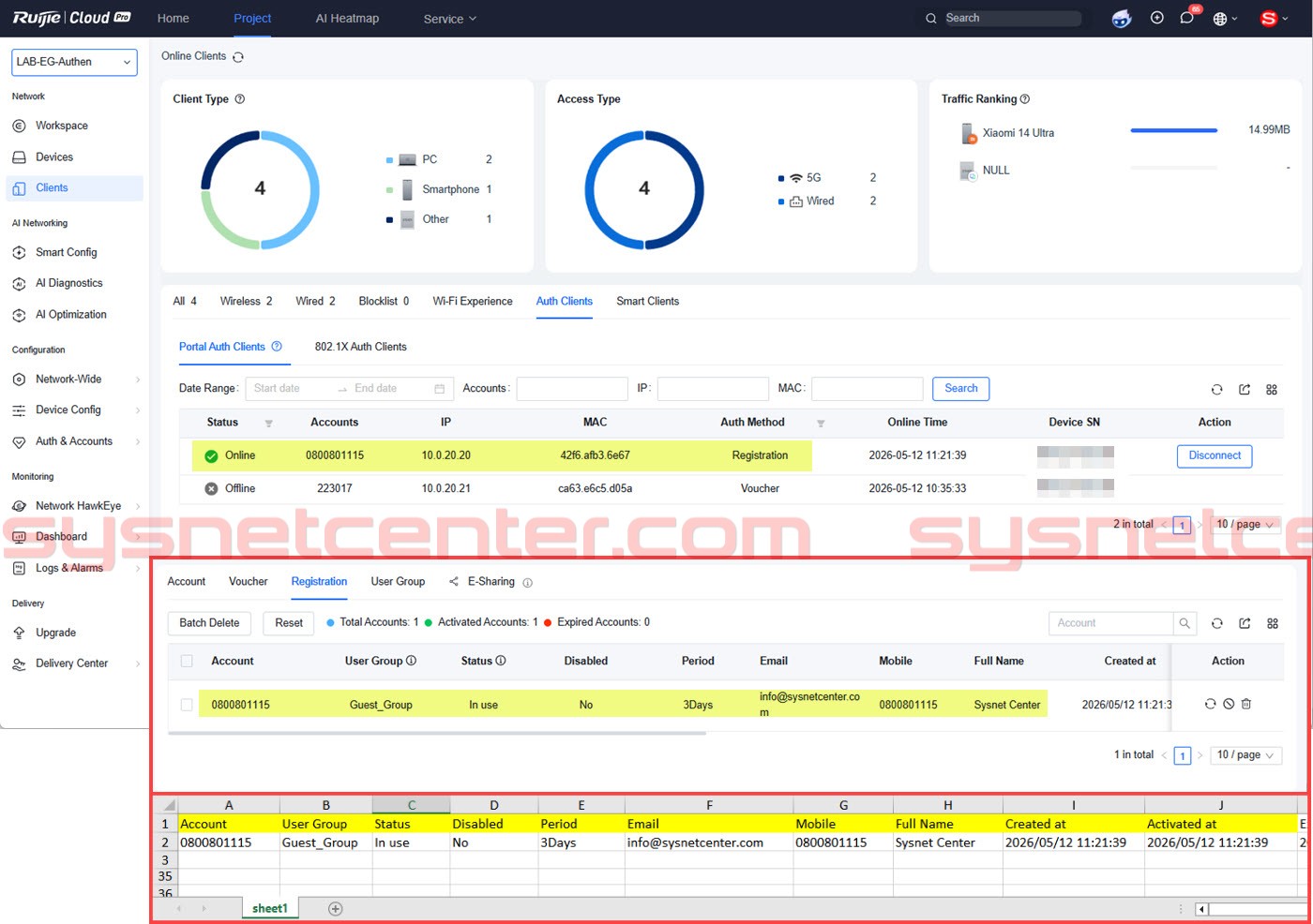 Export ข้อมูลผู้ใช้งานที่ Register ออกจาก Ruijie Cloud Export ข้อมูลผู้ใช้งานที่ Register ออกจาก Ruijie Cloud