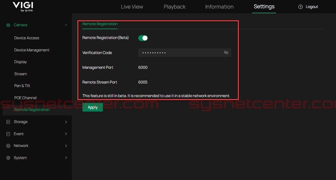 เปิดใช้งาน Remote Registration บน VIGI NVR เปิดใช้งาน Remote Registration บน VIGI NVR