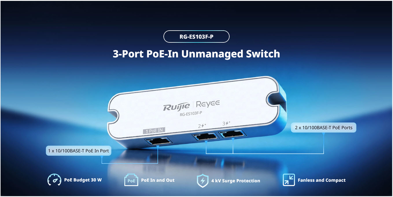 RG-ES103F-P Ruijie Reyee 3-Port 10/100Mbps PoE-In Unmanaged Switch 2-Port PoE+ Out