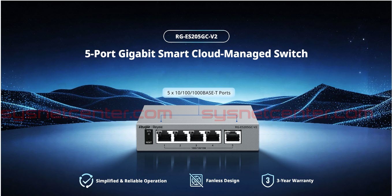 RG-ES205GC-V2 Ruijie Reyee L2 Smart Cloud-Managed Switch, 5x Gigabit RJ45, Wall/Desk, Cloud/App