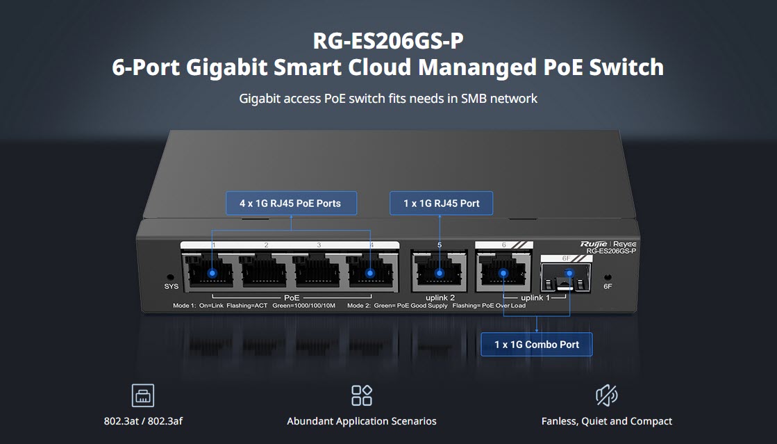 Reyee RG-ES206GS-P Cloud Managed POE Switch 6 Port Gigabit
