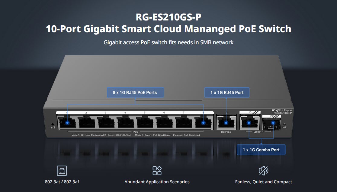 Reyee RG-ES210GS-P Cloud Managed POE Switch 10 Port Gigabit