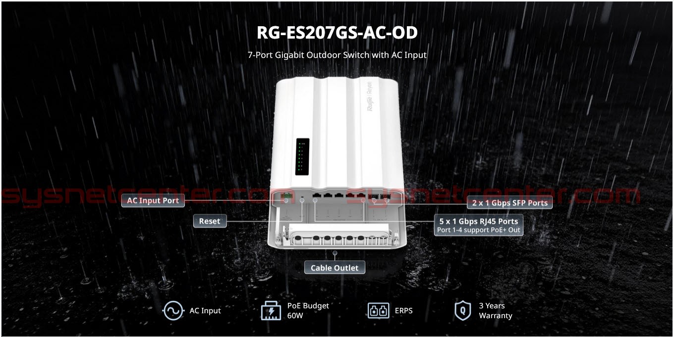 RG-ES207GS-AC-OD Reyee Cloud Managed 7-Port Gigabit Outdoor POE Switch 4 Port, AC Input