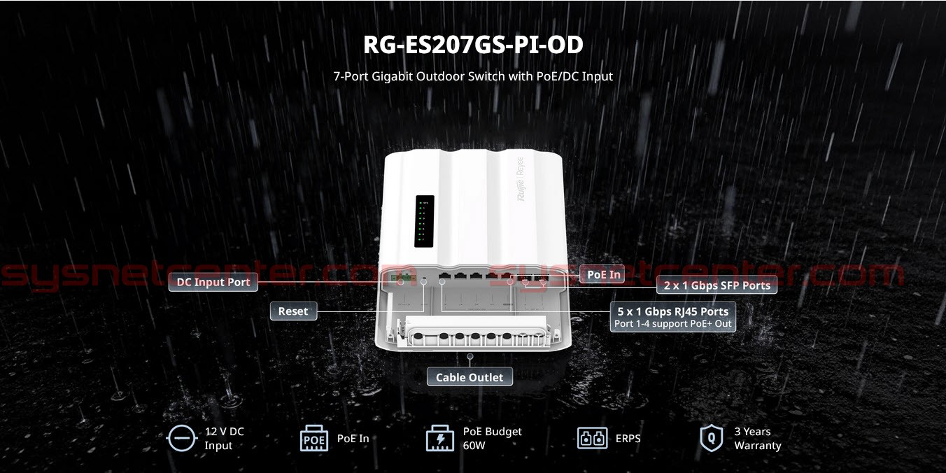 RG-ES207GS-PI-OD Reyee 7-Port Gigabit Outdoor PoE Switch with PoE/DC Input