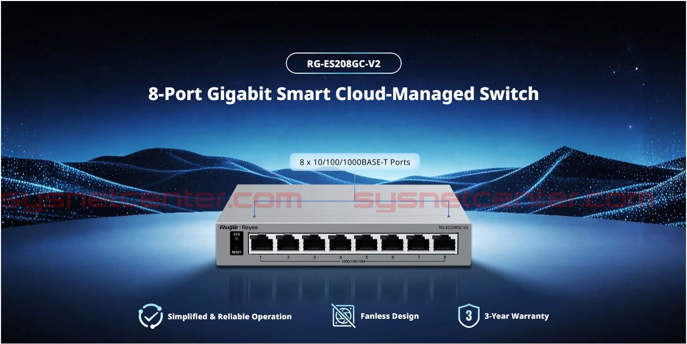 RG-ES208GC-V2 Ruijie Reyee L2 Smart Cloud Managed Switch, 8x Gigabit RJ45, Wall/Desk, Cloud/App