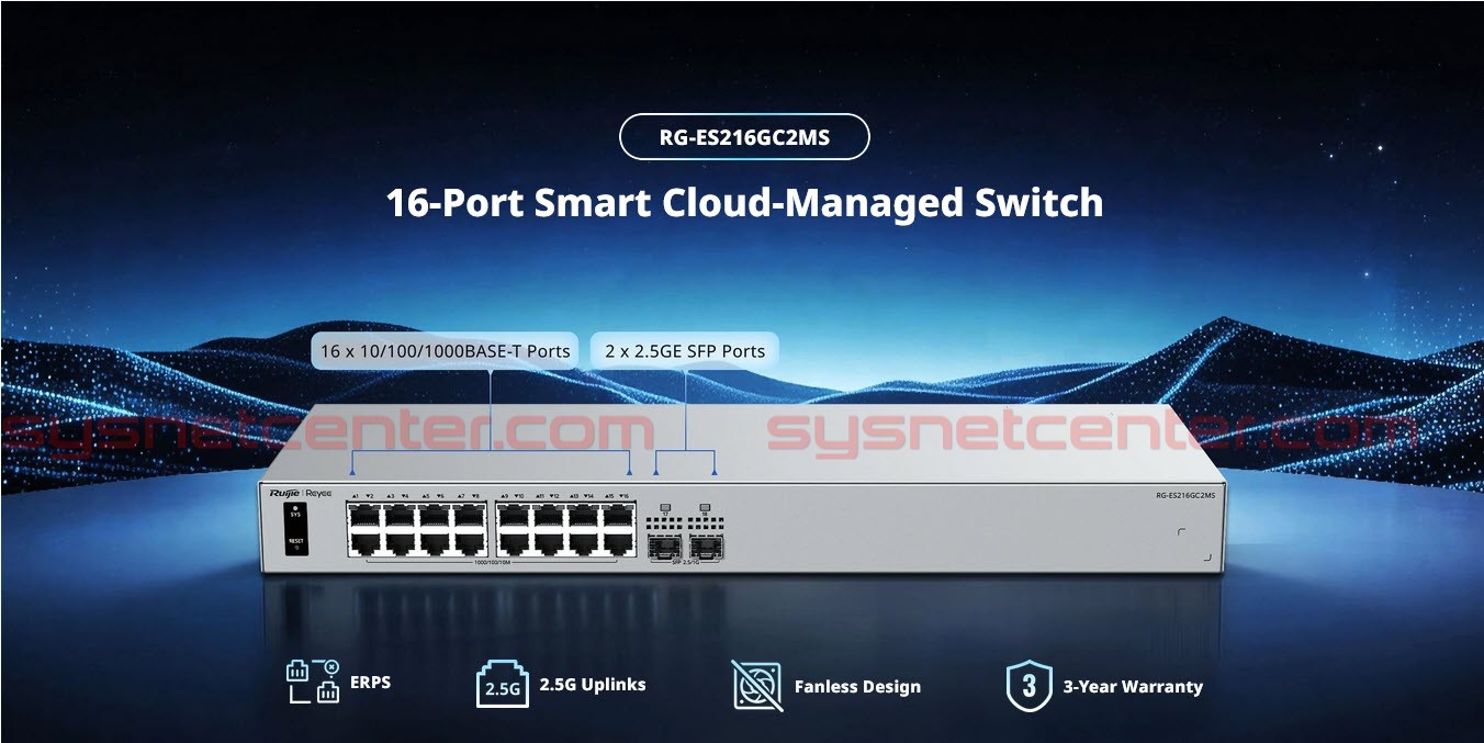 RG-ES216GC2MS Ruijie Reyee L2 Smart Cloud Managed Switch, 16x Gigabit RJ45, 2x 2.5GE SFP, ERPS