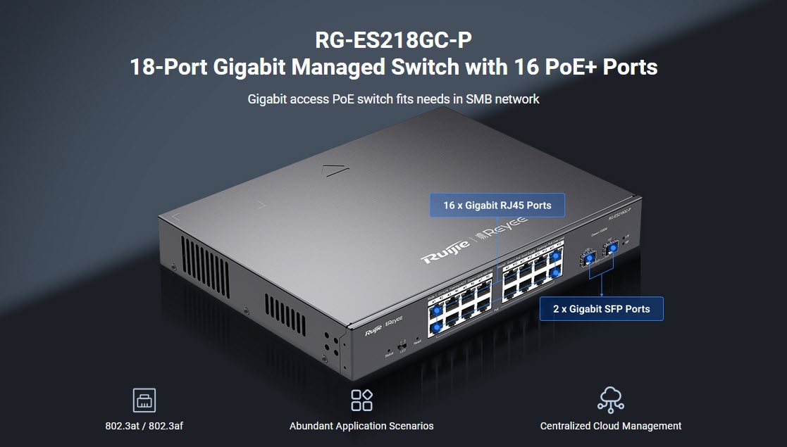 RG-ES218GC-P 18-Port Gigabit Managed Switch with 16 PoE+ Ports