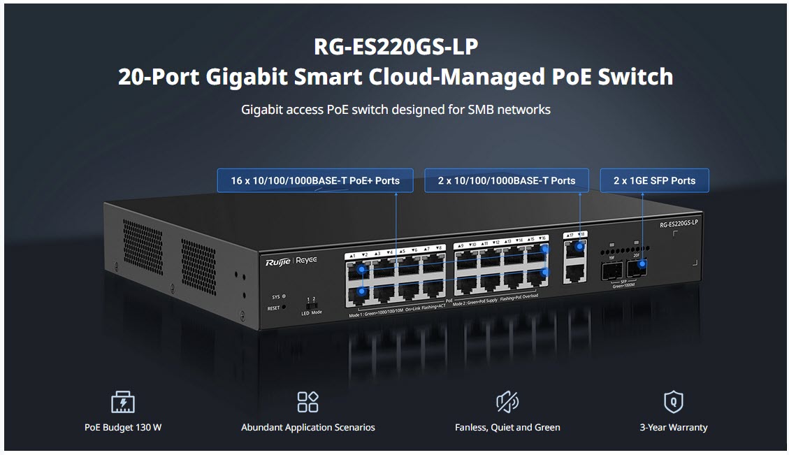 RG-ES220GS-LP Reyee Cloud Managed Smart POE Switch 18 Port Gigabit