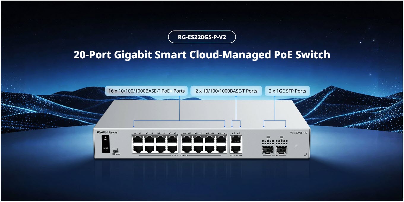 RG-ES220GS-P-V2 Ruijie Reyee L2 Smart Cloud Managed PoE Switch, 16x PoE+, 2x GE RJ45, 2x GE SFP, 250W