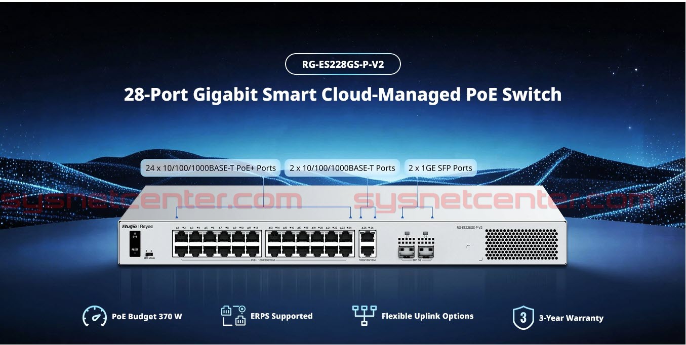 RG-ES228GS-P-V2 Ruijie Reyee L2 Smart Cloud Managed PoE Switch, 24x PoE+, 2x GE RJ45, 2x GE SFP, 370W