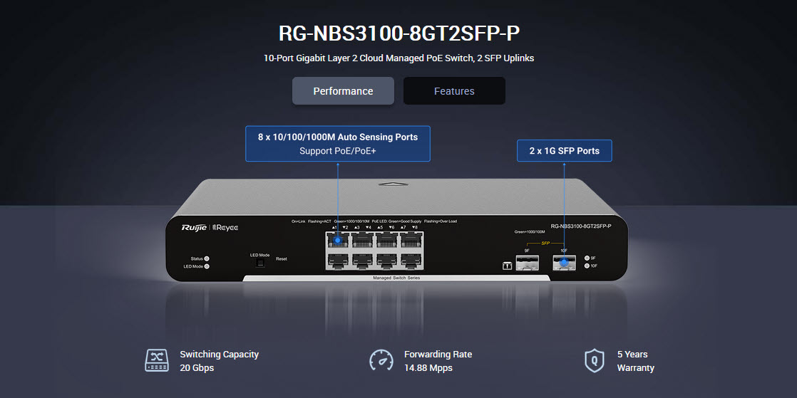 RG-NBS3100-8GT2SFP-P 10-Port Gigabit Layer 2 Cloud Managed PoE Switch