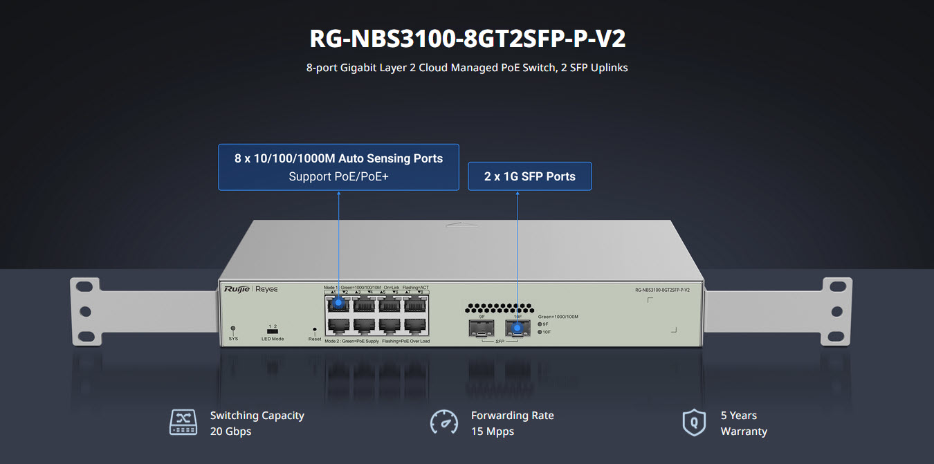 RG-NBS3100-8GT2SFP-P-V2 10-Port Gigabit Layer 2 Cloud Managed PoE Switch