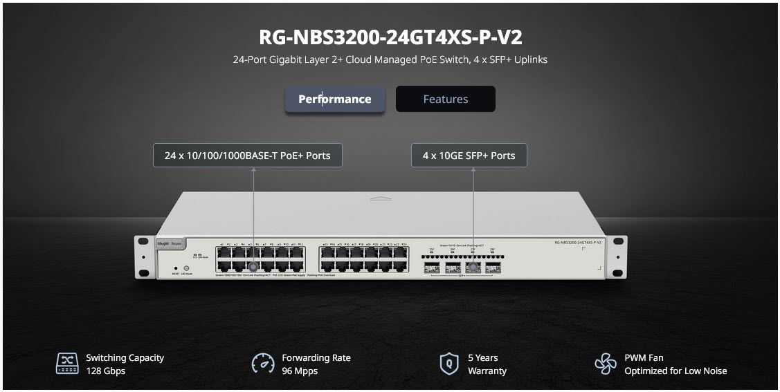 RG-NBS3200-24GT4XS-P-V2 Reyee L2 Cloud Managed POE Switch 24 Port Gigabit 370W