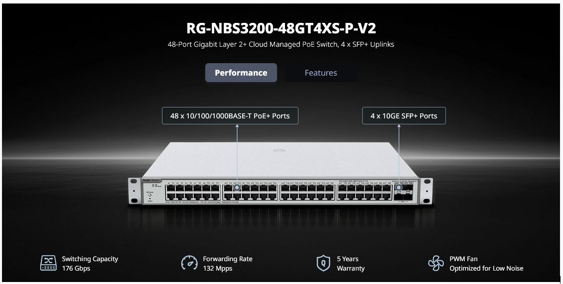RG-NBS3200-48GT4XS-P-V2 Reyee L2 Cloud Managed POE Switch 48 Port Gigabit 370W