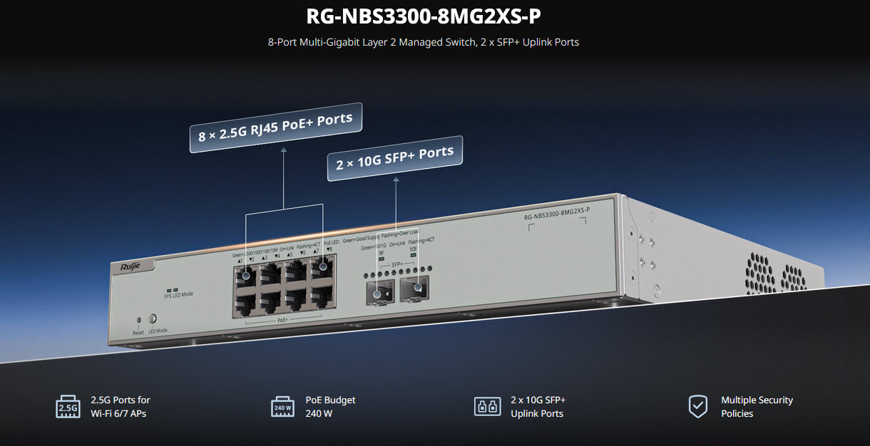 RG-NBS3300-8MG2XS-P Reyee L2-Cloud Managed POE Muti-Gigabit Switch 8 Port 240W