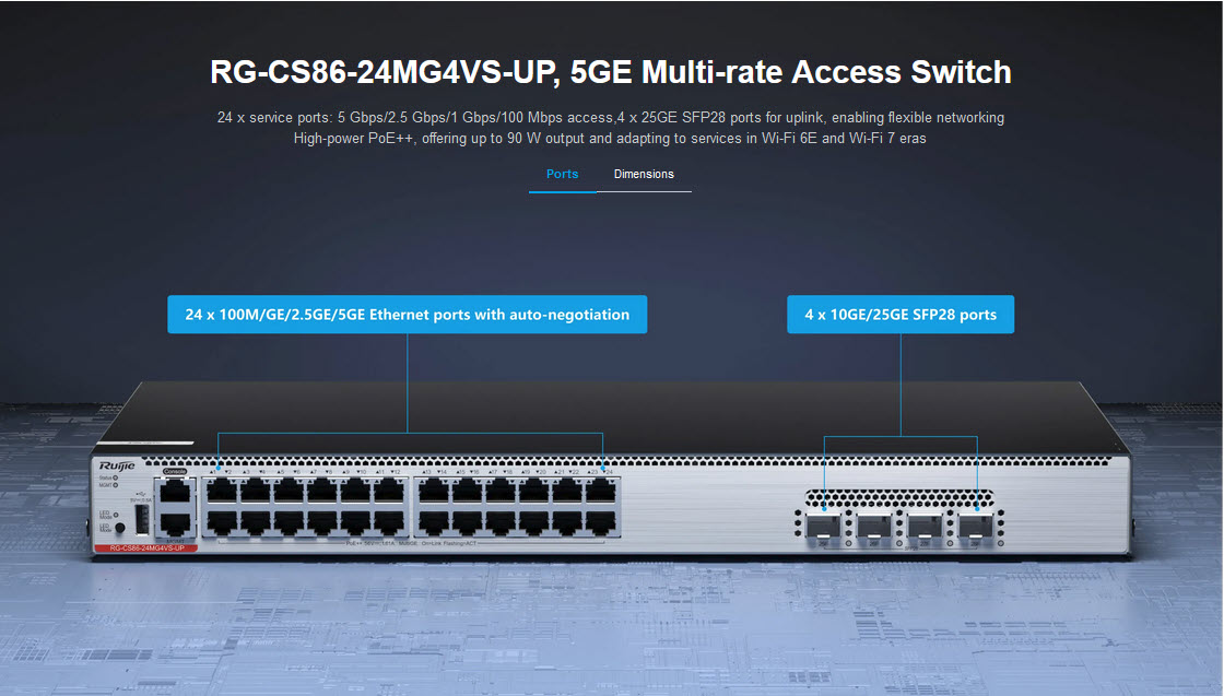 RG-CS86-24MG4VS-UP L3-Managed POE Multi-GE Switch 24-Port, 4 Port SFP28