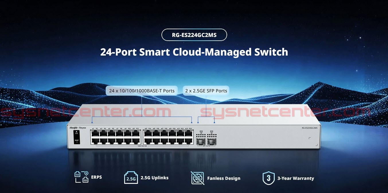 RG-ES224GC2MS Ruijie Reyee L2 Smart Cloud Managed Switch, 24x Gigabit RJ45, 2x 2.5GE SFP, ERPS